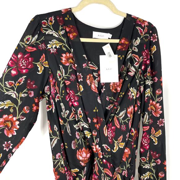 ALC Haven Dress Black Floral Silk Long Sleeve Mini‎ V-Neck Sz 6 - Picture 6 of 12